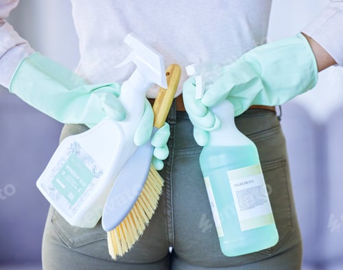 Preview: Product, brush and woman, back with cleaning service and chemical spray for hygiene and disinfectan
