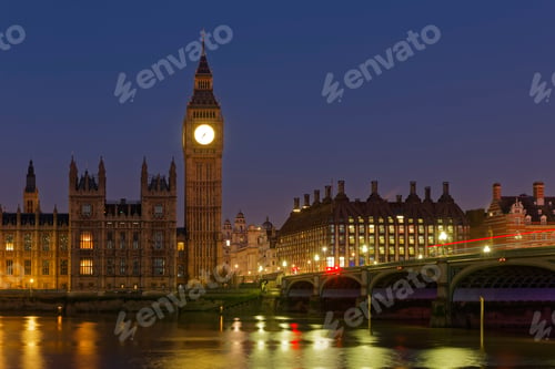 Preview: UK, London, River Thames, Big Ben, Houses of Parliament and Westminster Bridge at night