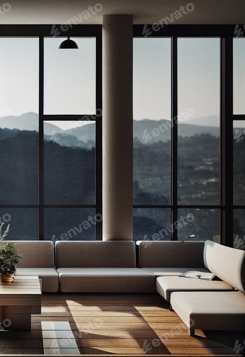 Preview: Elegant and comfortable living room.Stylish scandinavian living room with design furniture, plants,