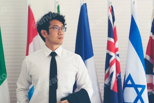 Preview: Asian businessman standing against national flags, business deal concept
