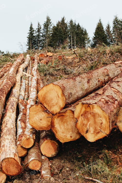 Preview: Stacked logs, freshly logged spruce, hemlock and fir trees