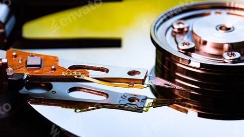 Preview: Macro Close up of inside of magnetic Hard Disc Drive