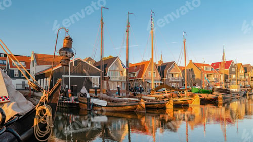 Preview: Urk Flevoland Netherlands sunset at the lighthouse and harbor of Urk Holland. Fishing village Urk