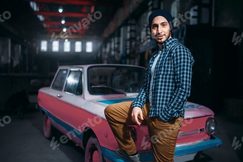 Preview: Stalker, traveler pose against USSR retro car