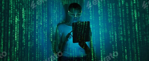 Preview: Confident woman in futuristic glasses using digital tablet