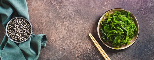 Preview: Delicious wakame seaweed salad on a plate and sesame seeds in a bowl top view web banner