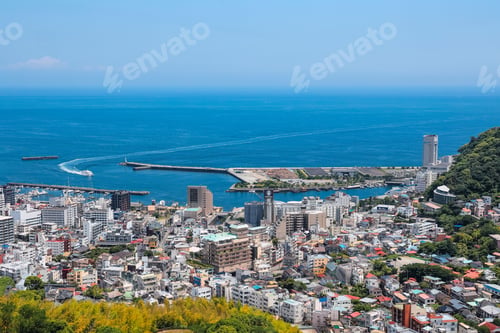Preview: Aerial view of the buildings on the shore of Atami in Shizuoka Prefecture, Japan