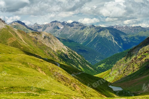 Preview: Mountain landscape along the road to Stelvio pass (Lombardy) at summer