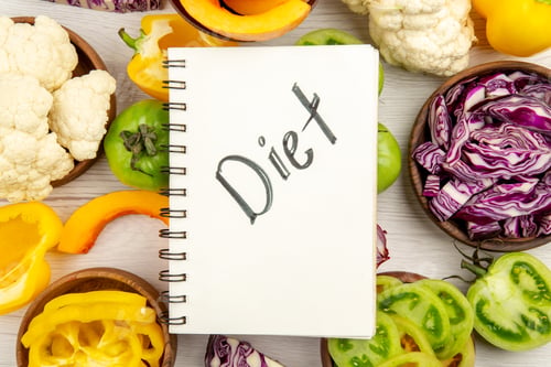 Preview: top close view diet written on notebook cut green tomatoes cut red cabbage cut pumpkin cauliflower
