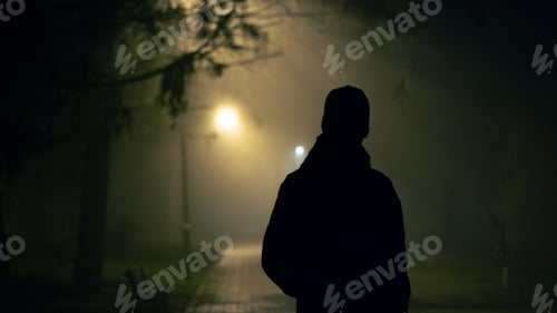 Preview: Silhouette of a man staying backwards in foggy blured night park background