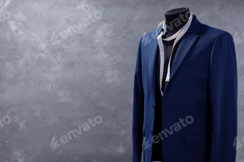 Preview: suit jacket on male tailor mannequin and sewing tools