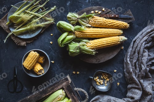 Preview: Grilled corn cobs with sauce, coriande. Mexican food. Top view. Copy space, healthy food, vegetables