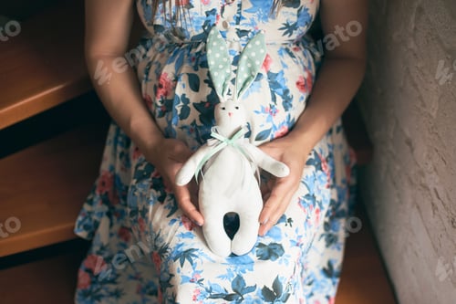 Preview: View from above of pregnant mother holding toy bunny
