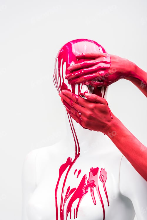 Preview: cropped image of woman in red paint covering mannequin face isolated on white