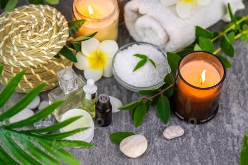 Preview: Background spa cosmetics and oils and herbs. Selective focus.