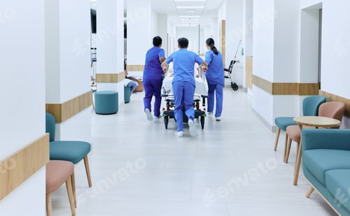 Preview: Hospital care team hastily wheeling patient on medical gurney at emergency department of hospital,