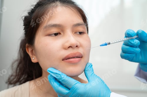 Preview: Asian woman receiving botox filler beauty injection.