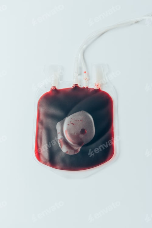 Preview: top view of plastic bag with blood for transfusion on white table