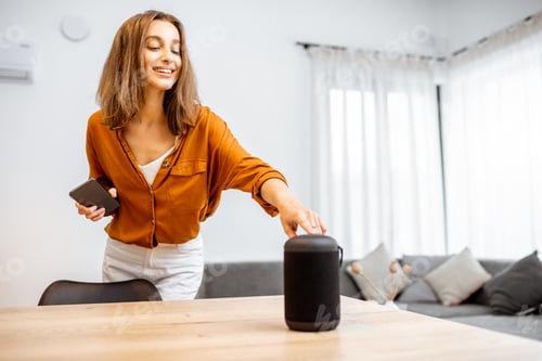 Preview: Woman with smart wireless column at home