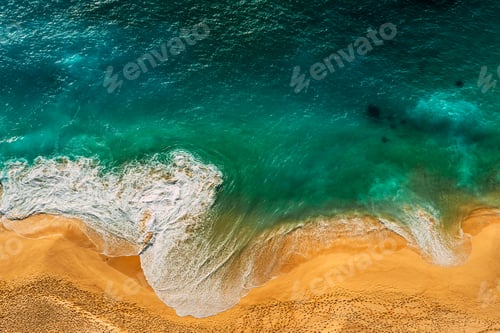 Preview: Seascape top view. Panoramic view of the sea waves. Foamy waves roll over the seashore