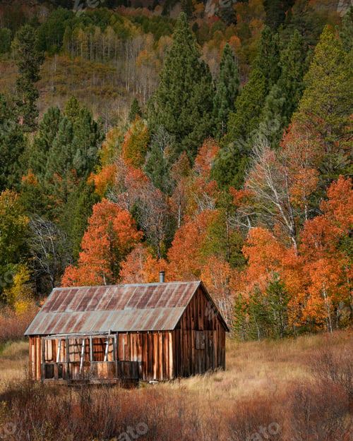 Preview: Beautiful shot of a wooden house in the forest in autumn