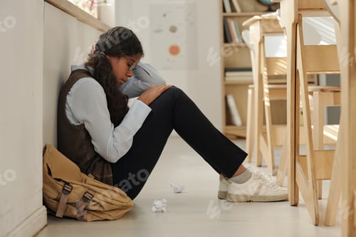 Preview: Side view of lonely and upset African American schoolgirl sitting on the floor