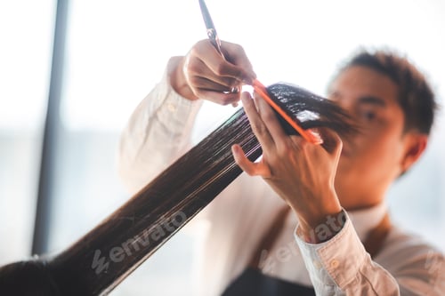 Preview: professional fashion hairdresser and hair beauty salon, hairstylist making treatment to woman client