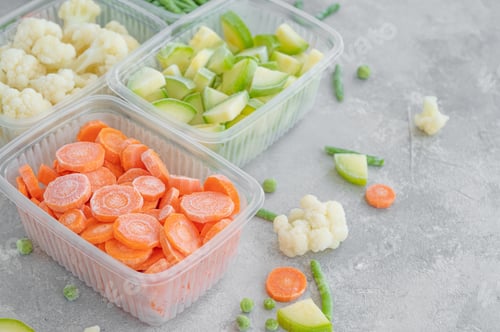 Preview: A variety of frozen vegetables in plastic containers on a gray concrete background. Healthy food
