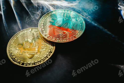 Preview: Bitcoin physical coins illuminated by light rays with dark background.