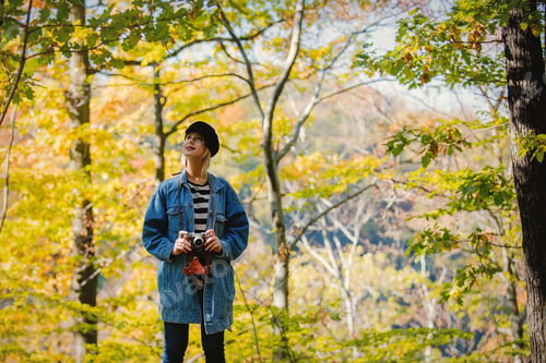 Preview: girl with vintage camera have rest in the park in autumn season time
