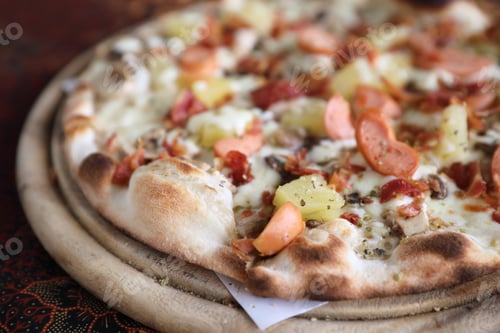 Preview: Pizza Sausage Bacon And Pineapple On Wooden , Pizza Hawaiian