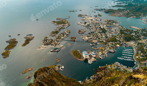 Preview: Aerial view of coastal town with bridge and marina