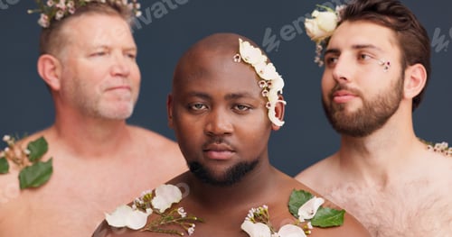 Preview: Beauty, skincare and portrait of men with flowers in studio for cosmetics, wellness and spa treatme
