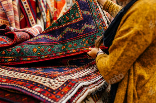 Preview: Midsection of young woman shopping for rugs in furniture warehouse