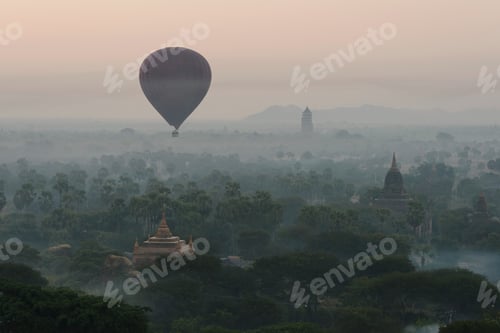 Preview: Hot air balloons over temple landscape, Bagan, Burma