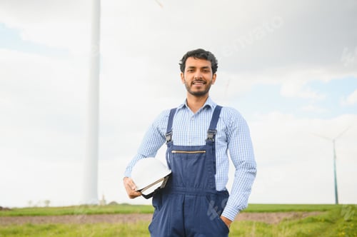 Preview: Indian Engeenier standing against windmills