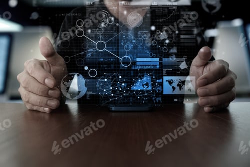 Preview: Businessman Hand Using Mobile Phone With Digital Layer Effect As Business Strategy Concept