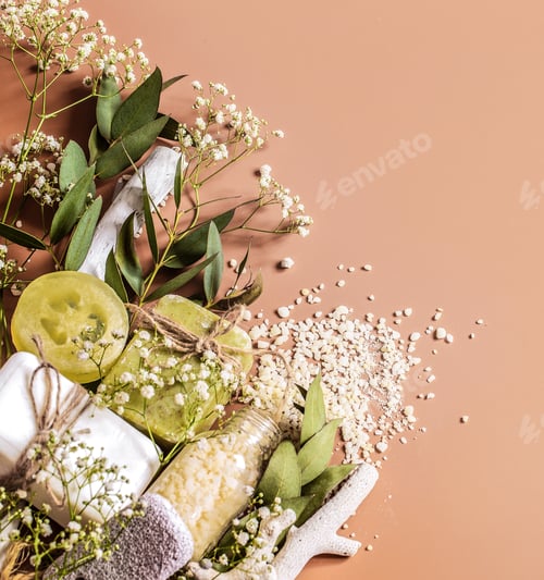 Preview: Spa concept with body and face accessories on colored background. Place for text