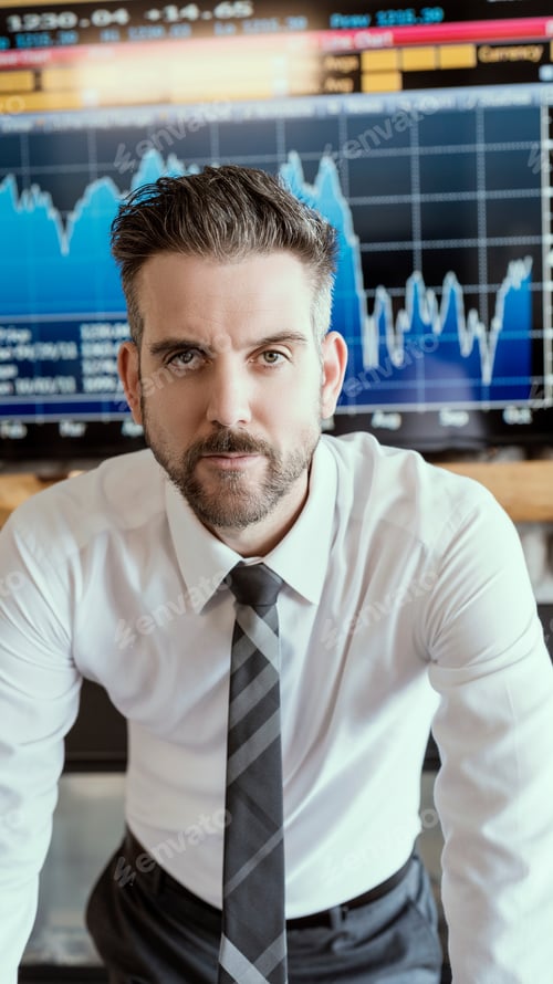 Preview: Professional businessman making eye contact with data screen in the background