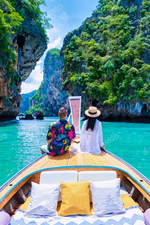 Preview: Longtail boat in Krabi Thailand, couple man, and woman on a trip at the tropical island 4 Island