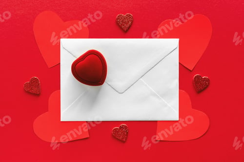 Preview: Valentine day composition. Romantic love letter in envelope and engagement ring