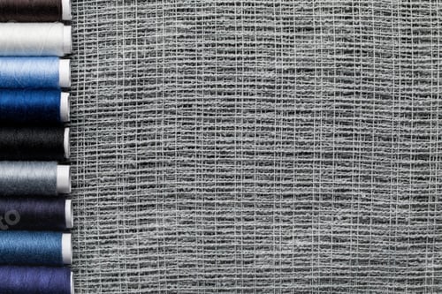 Preview: top view of blue and grey thread coils in row on sackcloth with copy space