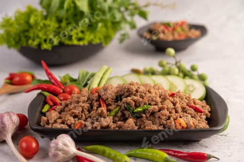 Preview: Spicy minced pork and rice on a black plate.