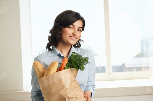 Preview: cheerful brunette food bag vegetables shopping healthy food