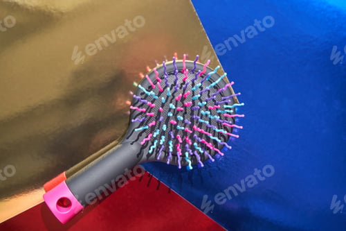 Preview: Colorful hairbrush on vibrant geometric background with metallic and neon shades