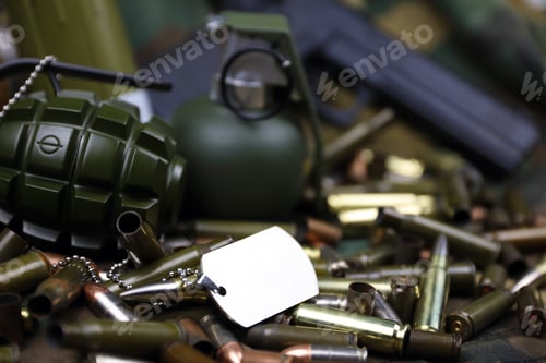 Preview: Different types of ammunition on a camouflage background. Preparing for war