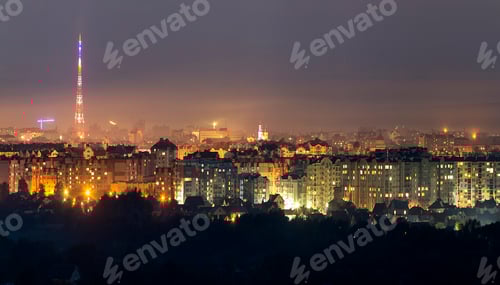 Preview: Wide panorama, aerial night view of modern tourist Ivano-Frankivsk city, Ukraine