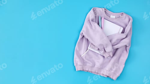 Preview: Lilac children's sweatshirt with a notebook on a blue. Copy space