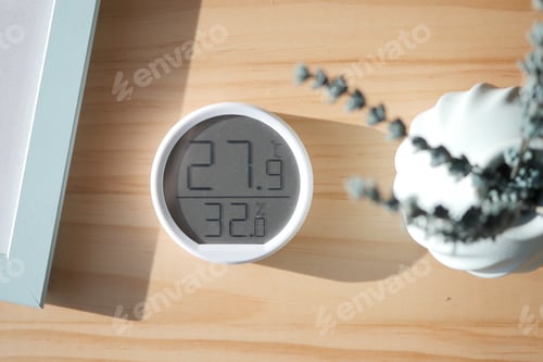 Preview: Modern digital thermometer displays temperature and humidity at home