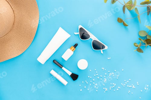 Preview: White bottle cream, mockup of beauty product brand. Top view on the blue background.